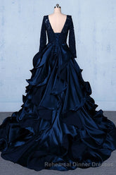 Semi Formal Prom V-neck Beading Lace Satin Backless Ball Gown Semi Formal Prom Dresses With Sleeves